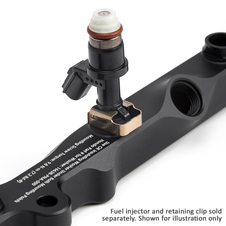 Fuel injector installed in Acuity K-Series Fuel Rail in Satin Black Anodized Finish